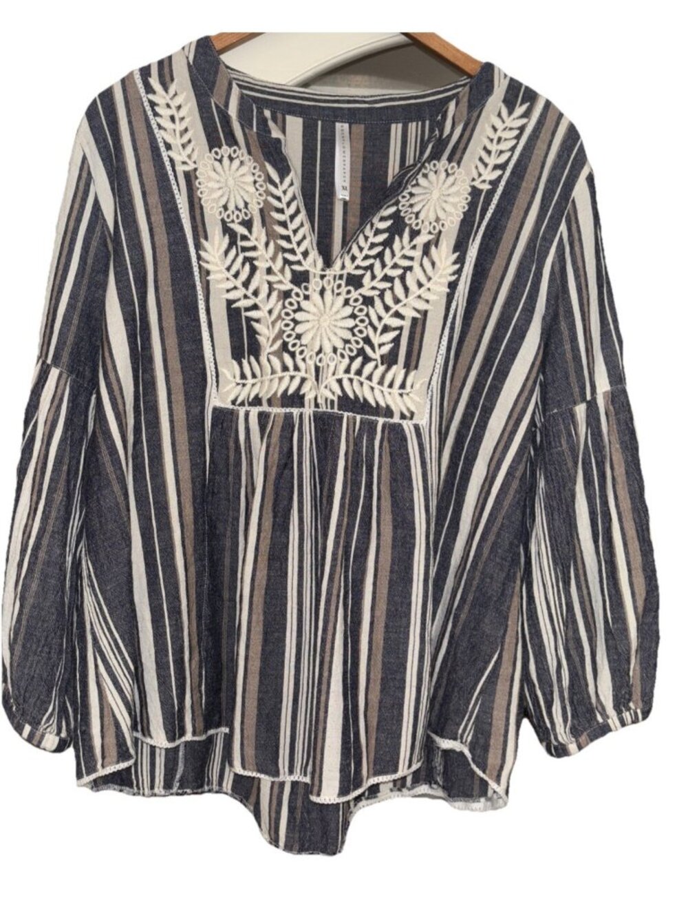 RockFlowerPaper Women's XL Boho Peasant Embroidered Blouse Top Cotton Flax Blend